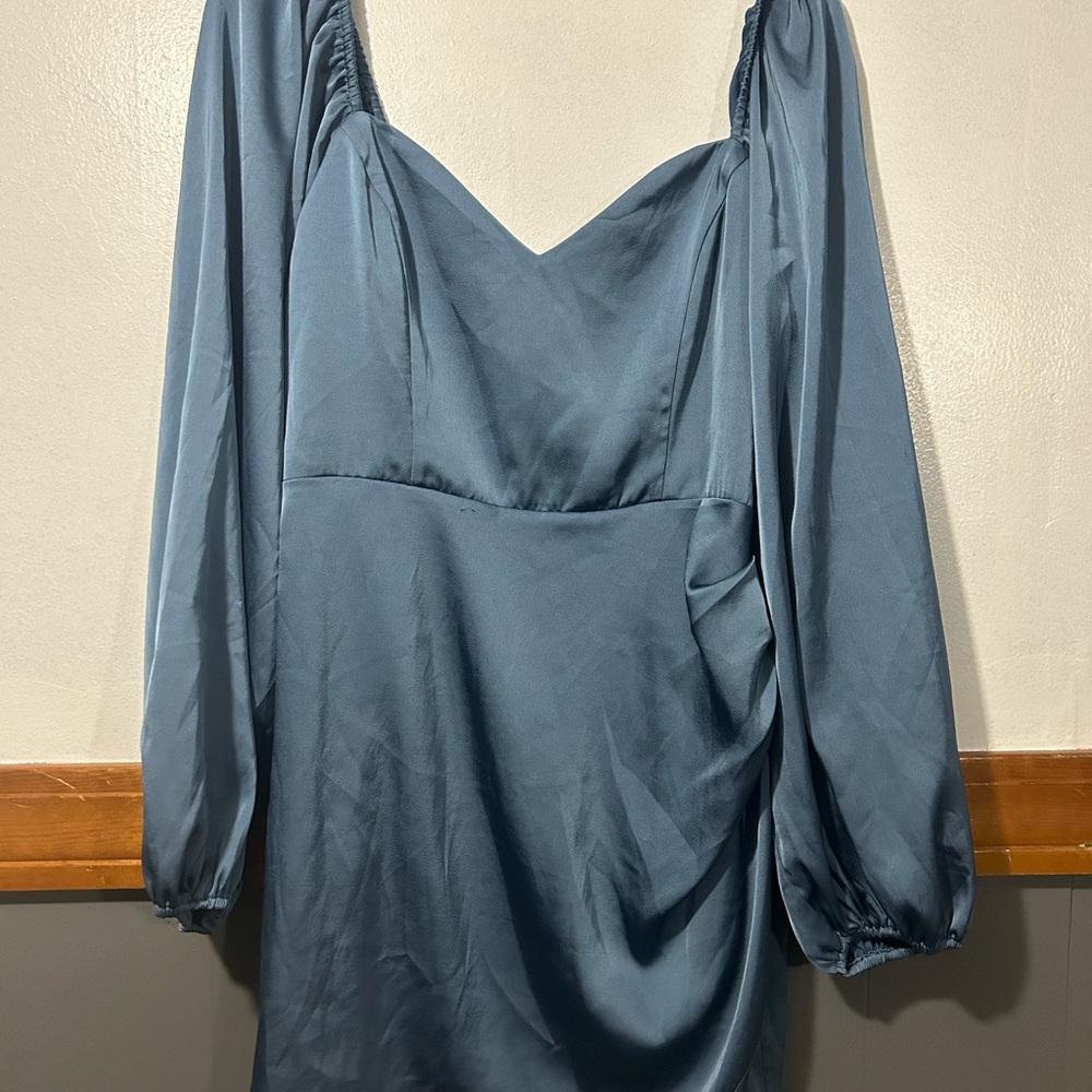 Cider Slate Blue Long-Sleeve Satin Dress
